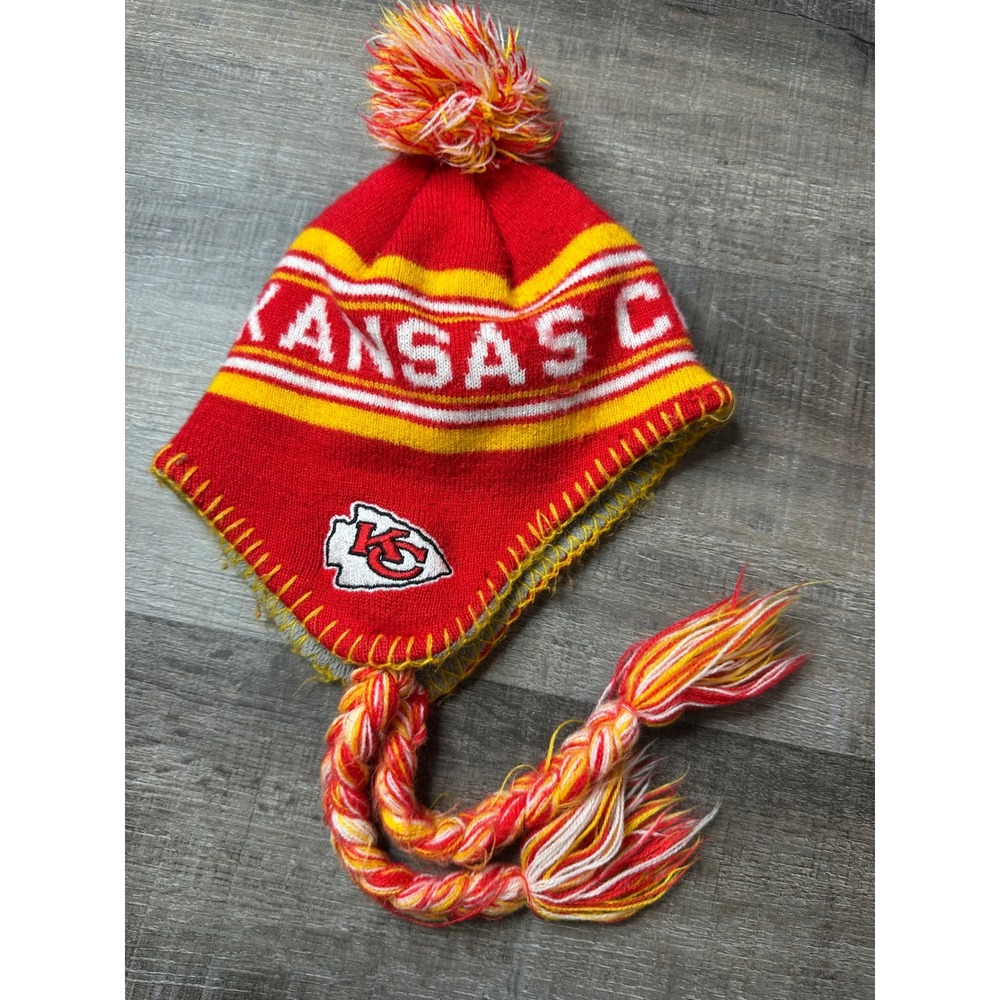 NFL Team Apparel Kids Kansas City Chiefs Knit Trapper Hat Pom Beanie Red Yellow